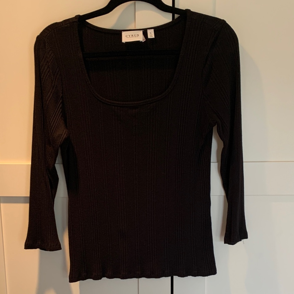 Cyrus Ribbed Square Neck Black 3/4 Length Sleeve Top